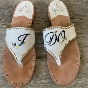 Jack Rogers White Leather Embroidered Monogram Sandals